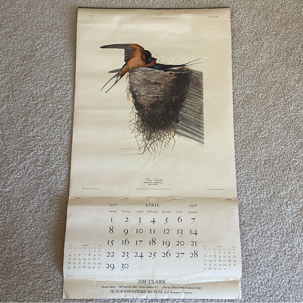 J.J. Audubon Bird Print 1956 Wall Calendar Northwestern Mutual Winston Salem  NC